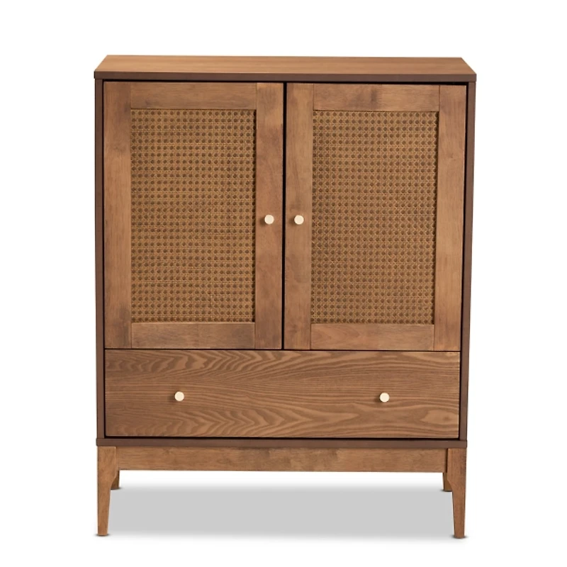 Mid-Century Modern Rattan Walnut Cabinet