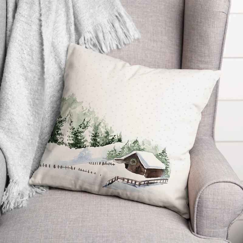 Snowy Cabin Christmas Pillow