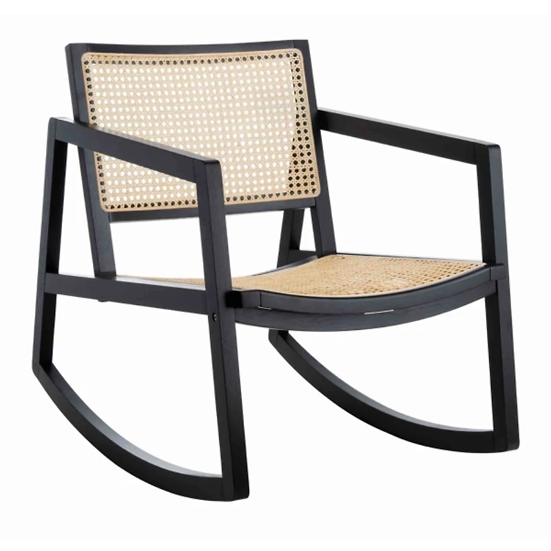 Black Wood and Natural Rattan Rocking Chair