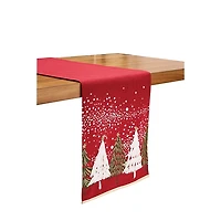 Red Snowy Christmas Tree Table Runner