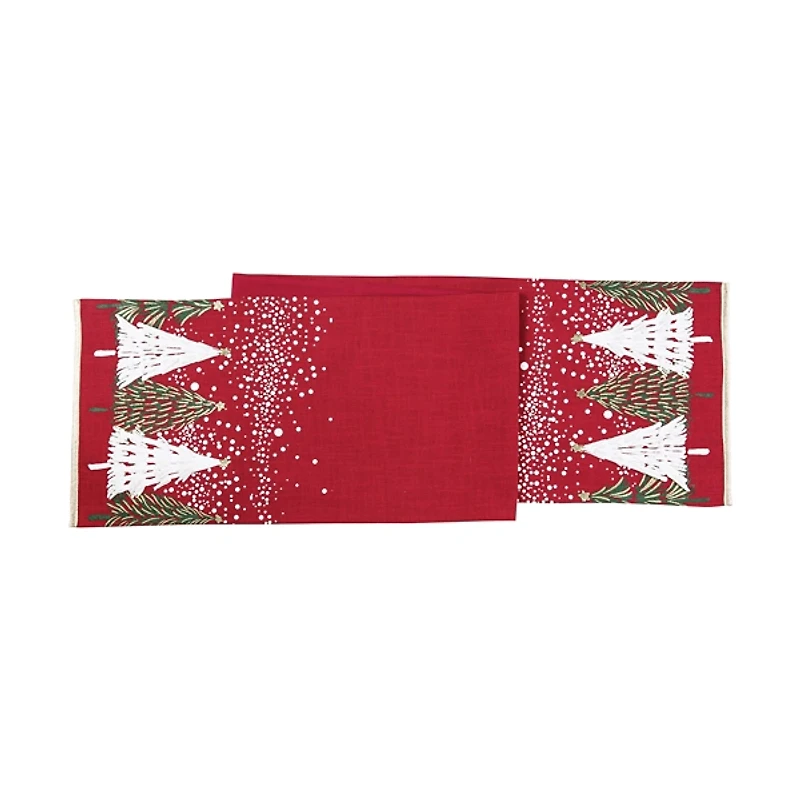 Red Snowy Christmas Tree Table Runner