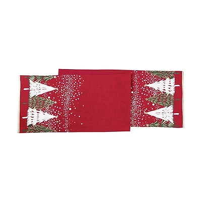 Red Snowy Christmas Tree Table Runner