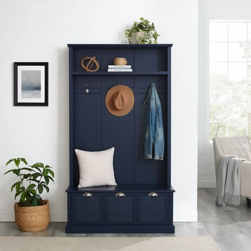 Navy Wood Storage Bench Hall Tree