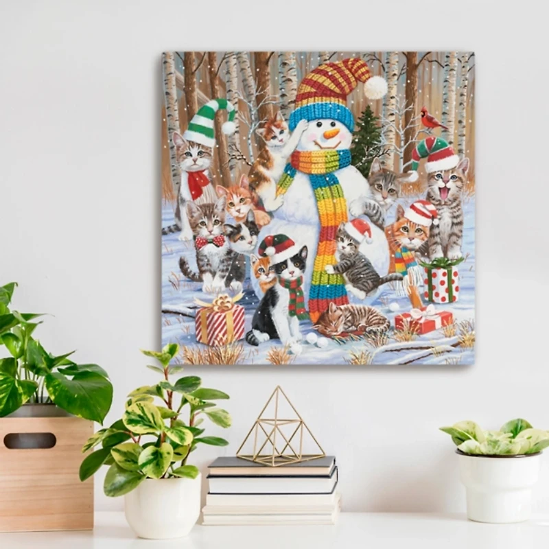 Snowman with Kittens Canvas Christmas Art Print