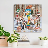 Snowman with Kittens Canvas Christmas Art Print