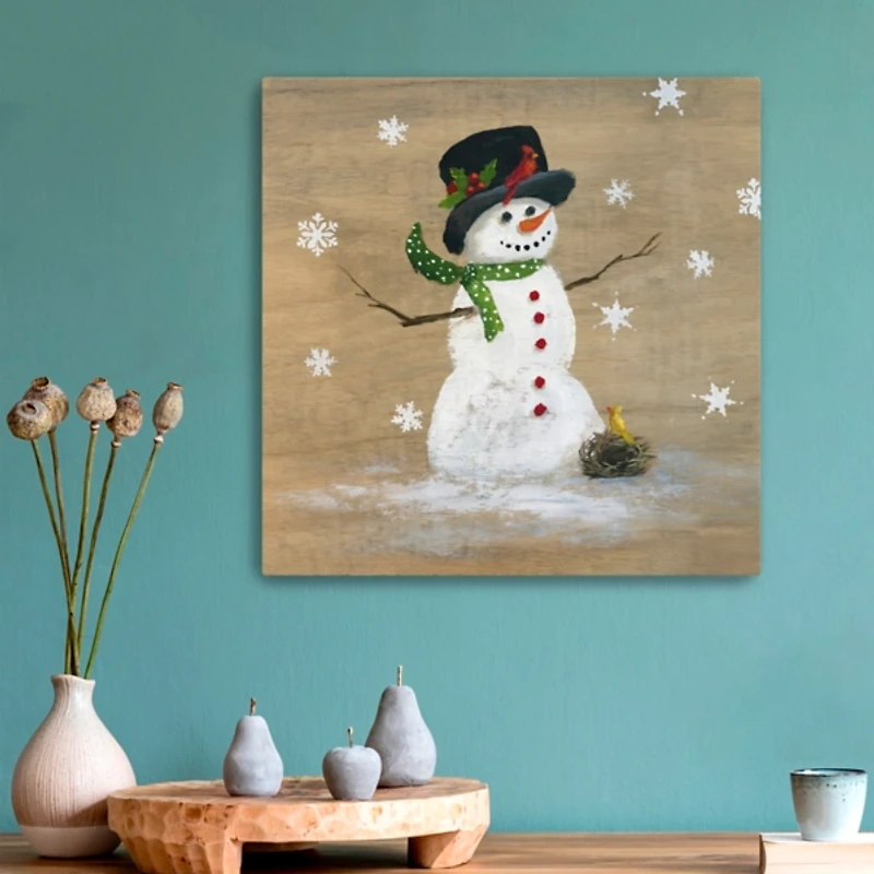 Snowman Yellow Bird Canvas Christmas Art Print