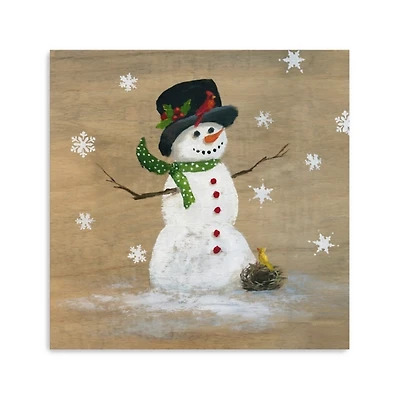 Snowman Yellow Bird Canvas Christmas Art Print