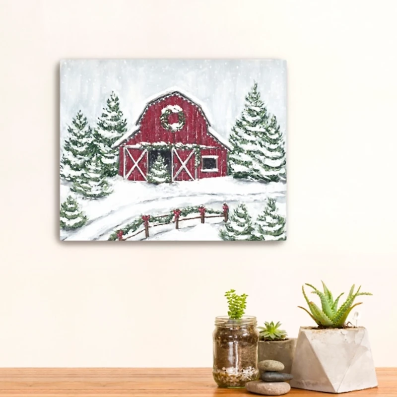 Winter Red Barn Canvas Christmas Art Print