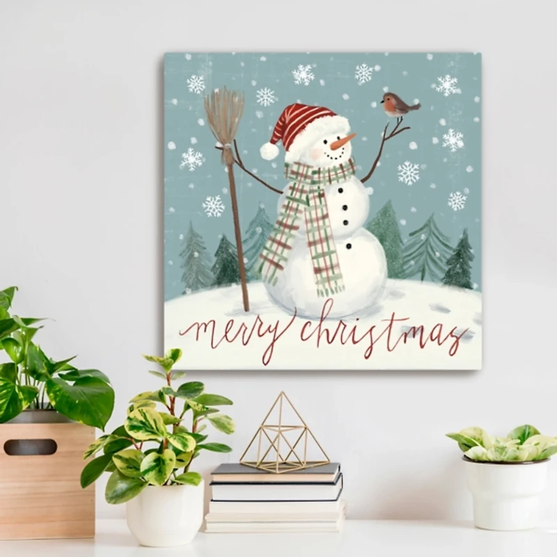 Merry Christmas Snowman Canvas Wall Plaque