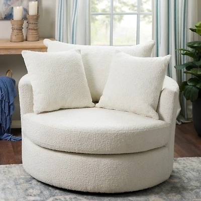 Round Cream Boucle Swivel Accent Chair