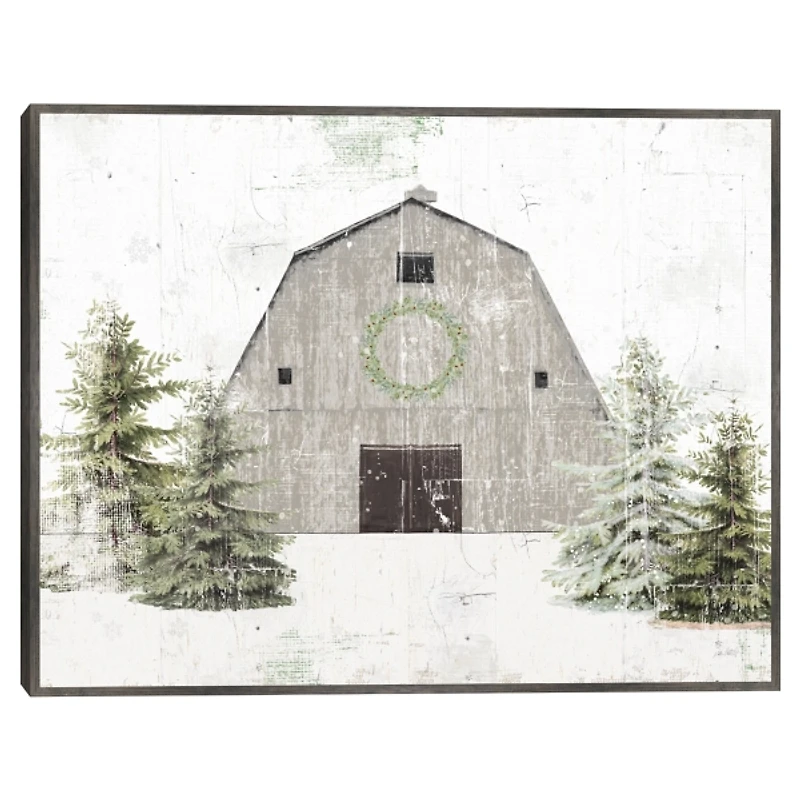 Snowy Gray Barn Christmas Canvas Art Print