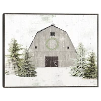 Snowy Gray Barn Christmas Canvas Art Print