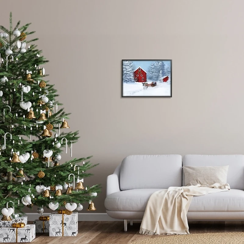 Red Barn with Reindeer Framed Art Print