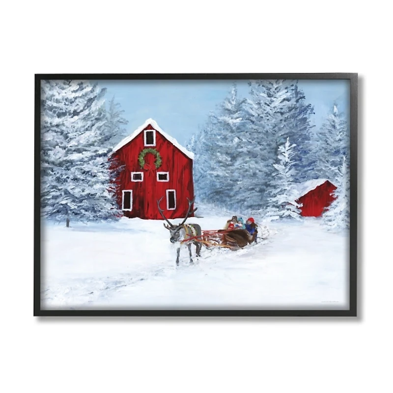 Red Barn with Reindeer Framed Art Print