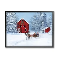Red Barn with Reindeer Framed Art Print