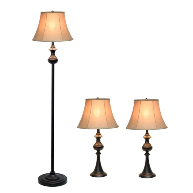 Simple Bronze Metal 3-pc. Floor and Table Lamp Set
