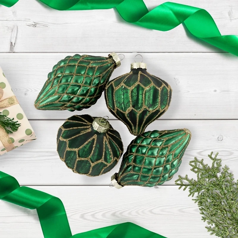 Green & Gold Onion & Finial Ornaments, Set of 4