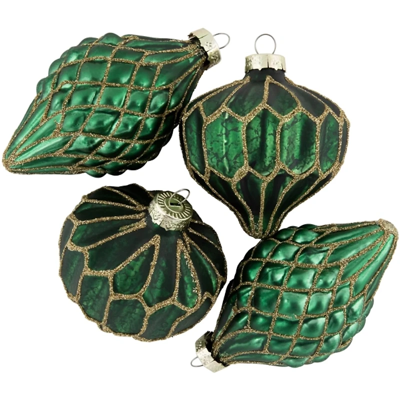 Green & Gold Onion & Finial Ornaments, Set of 4