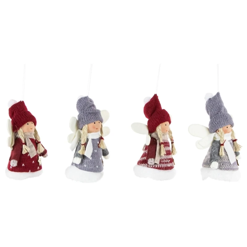 Red and Gray Angel Plush Ornaments, Set of 4
