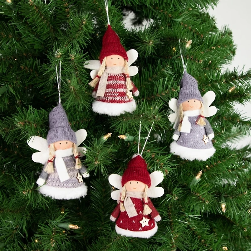 Red and Gray Angel Plush Ornaments, Set of 4