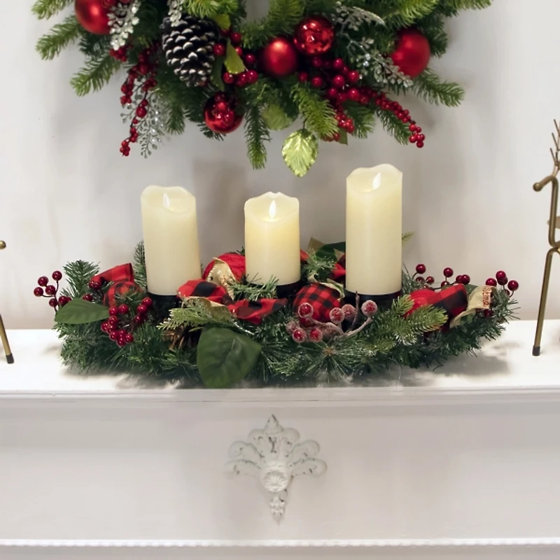 Red Plaid Ornaments and Pine Candle Centerpiece