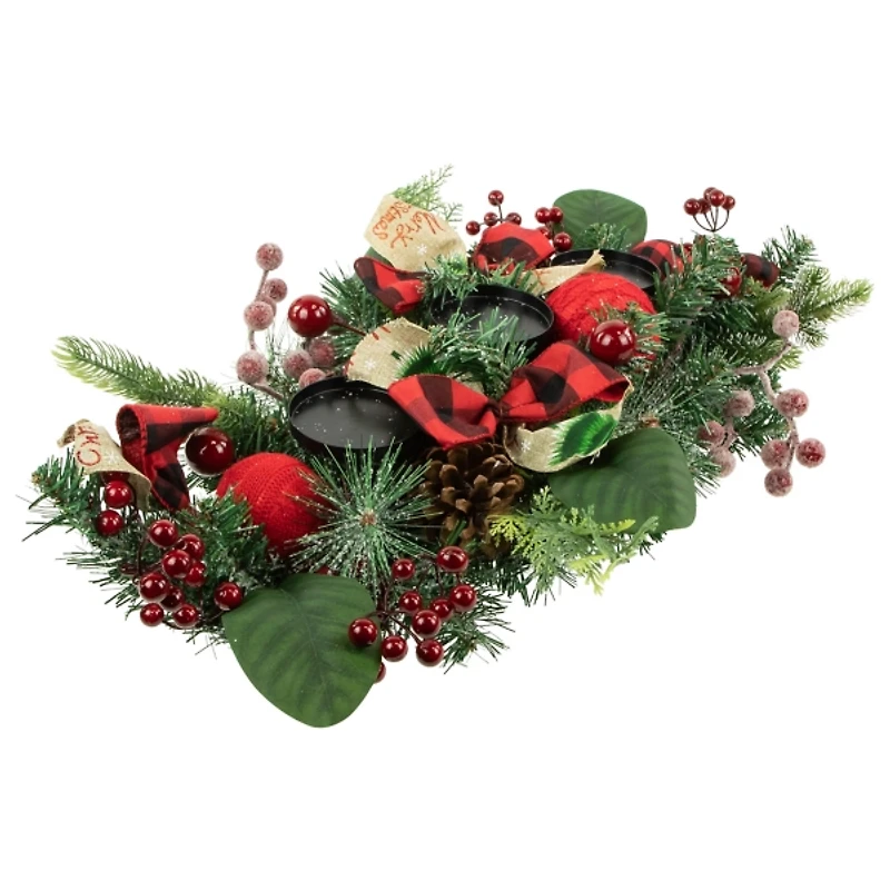 Red Plaid Ornaments and Pine Candle Centerpiece