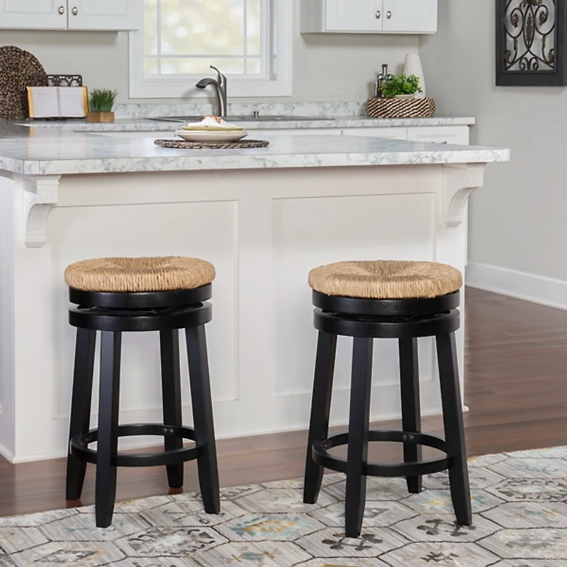 Black Wood Seagrass Seat Swivel Counter Stool