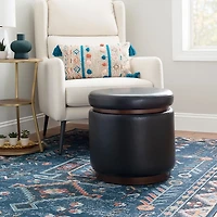 Round Black Faux Leather Storage Ottoman