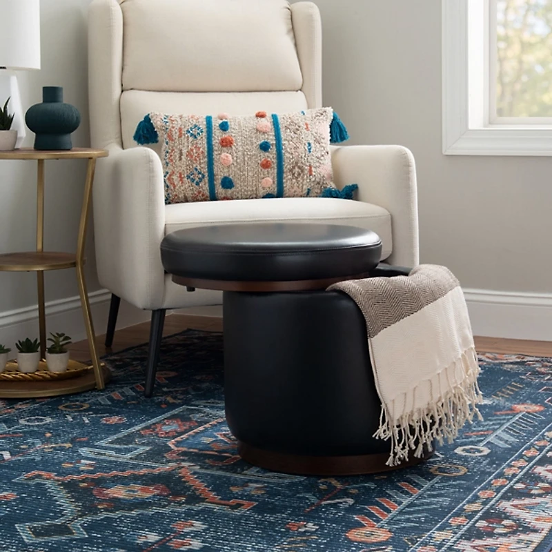 Round Black Faux Leather Storage Ottoman