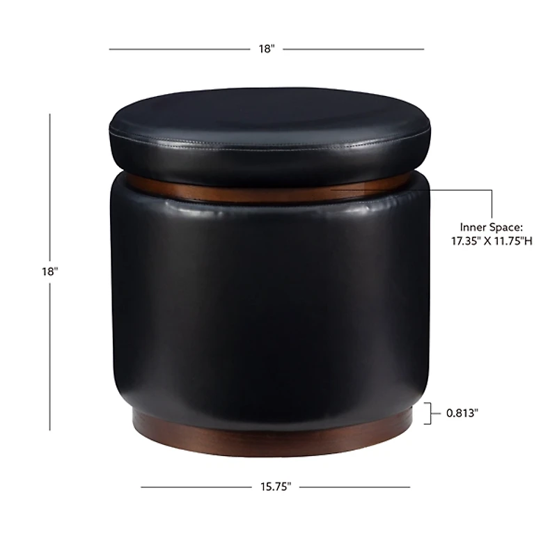 Round Black Faux Leather Storage Ottoman