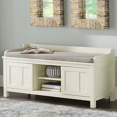 White Wood Upholstered Storage Bench