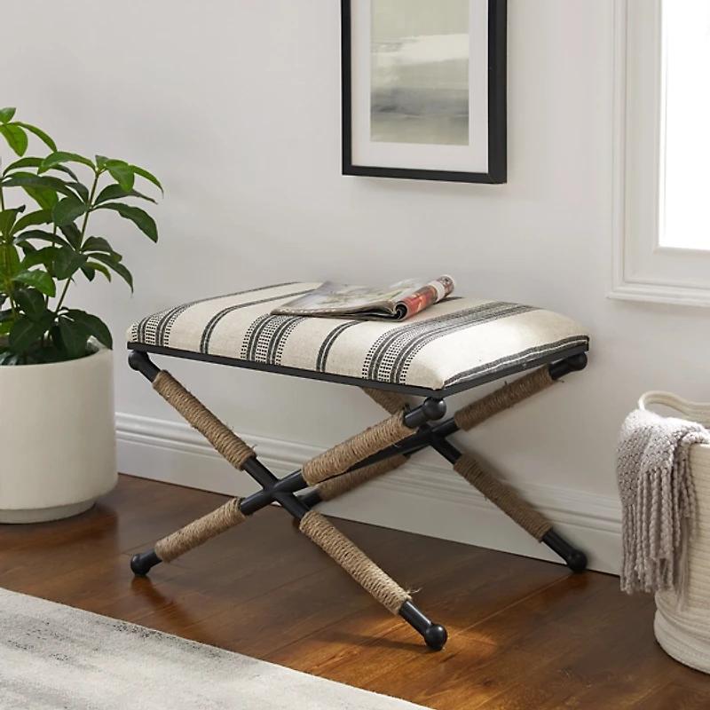 Black and White Striped Upholstered Ottoman