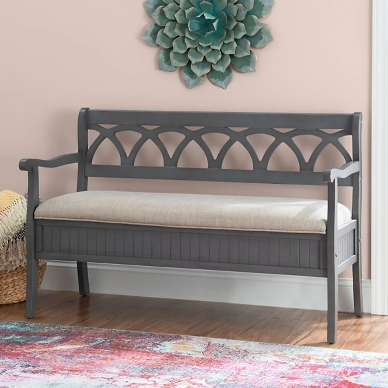 Gray Wood Upholstered Storage Bench