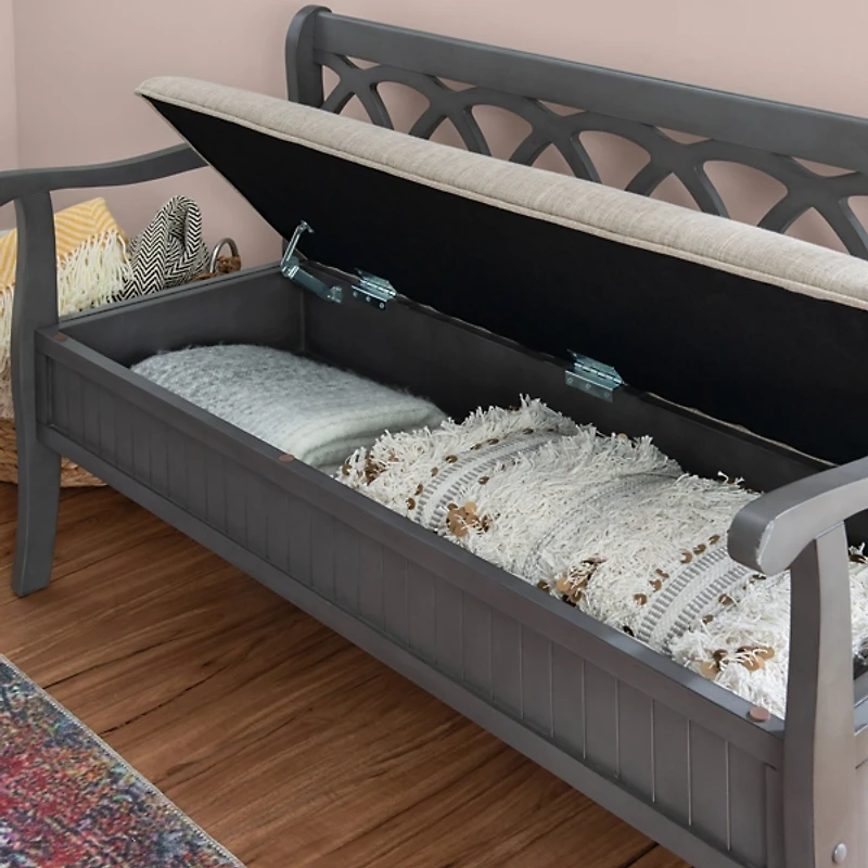 Gray Wood Upholstered Storage Bench