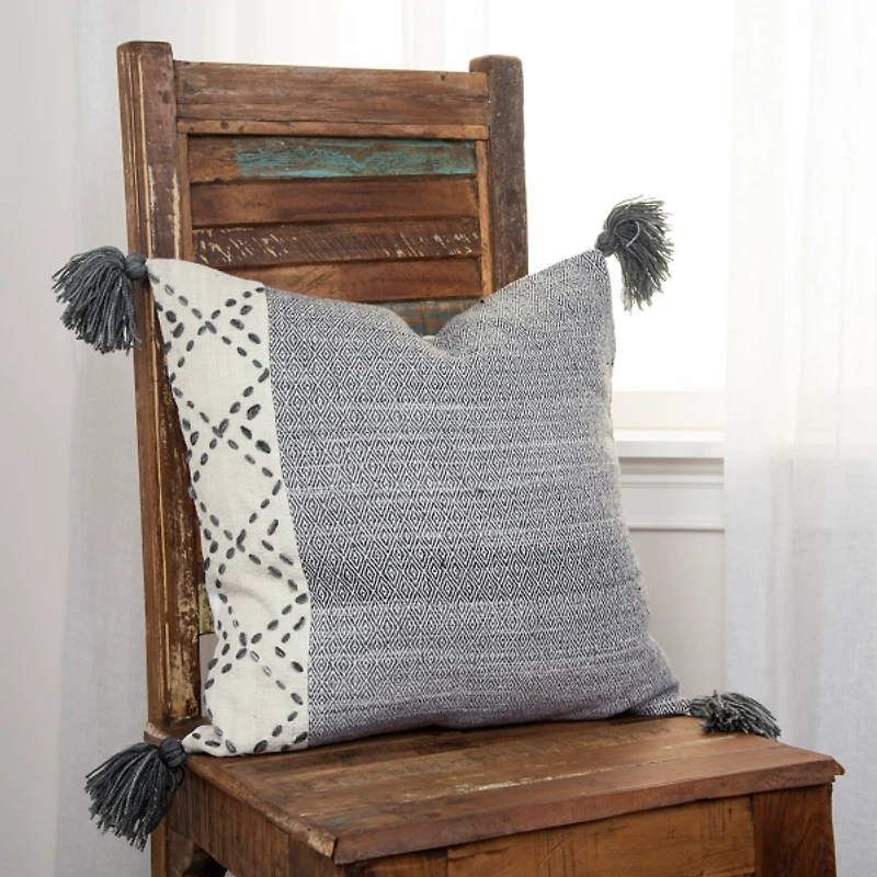 Gray Kantha Stitch Recycled Throw Pillow