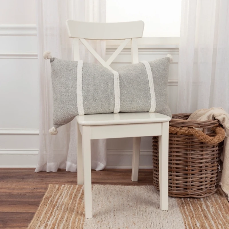 Gray and Ivory Artisanal Striped Lumbar Pillow