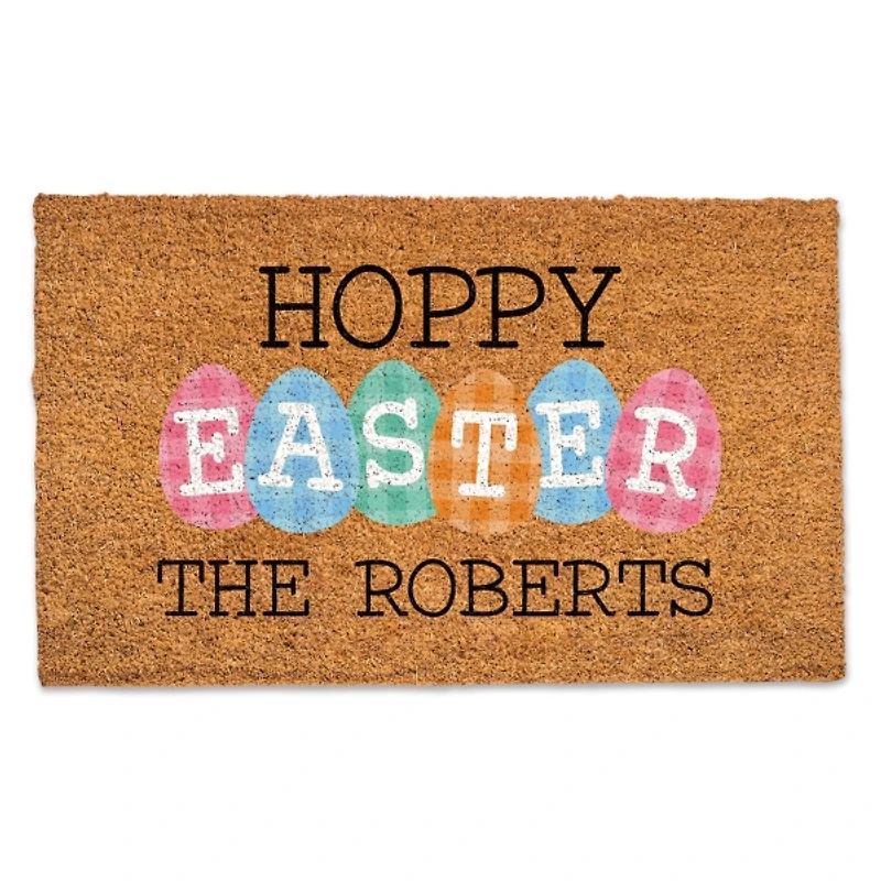 Personalized Hoppy Easter Plaid Eggs Doormat
