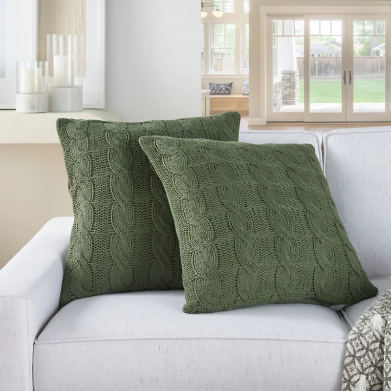 Olive Cable Knit Throw Pillows, Set of 2