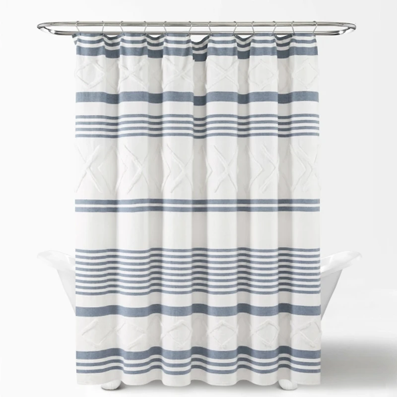 Blue Stripe Diamond Tufted Shower Curtain