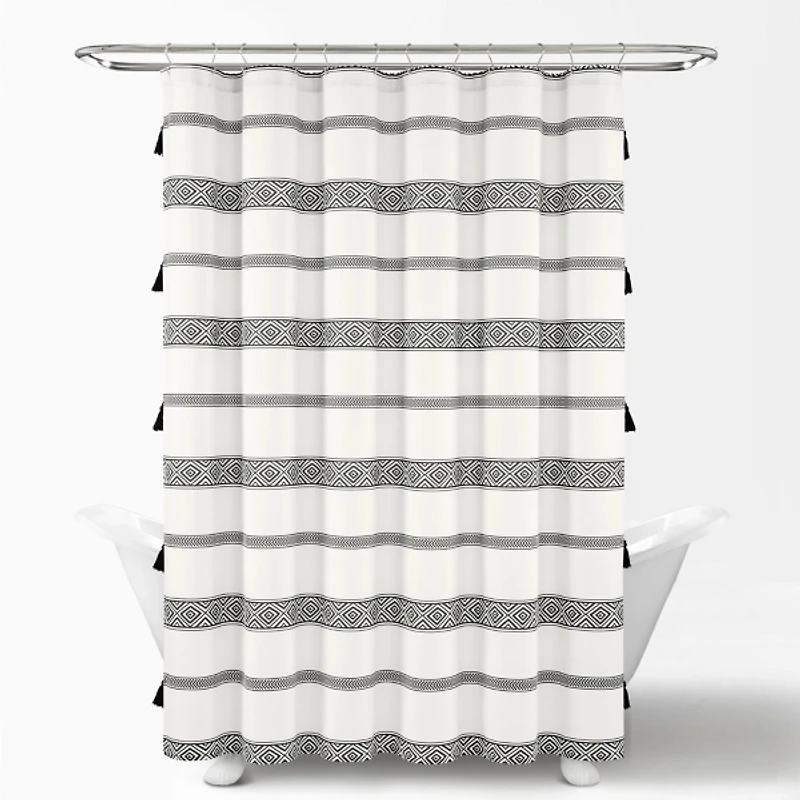 Black and White Striped Boho Shower Curtain