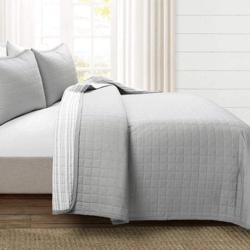 Gray Box Stitch Cotton Full/Queen 3-pc. Quilt Set