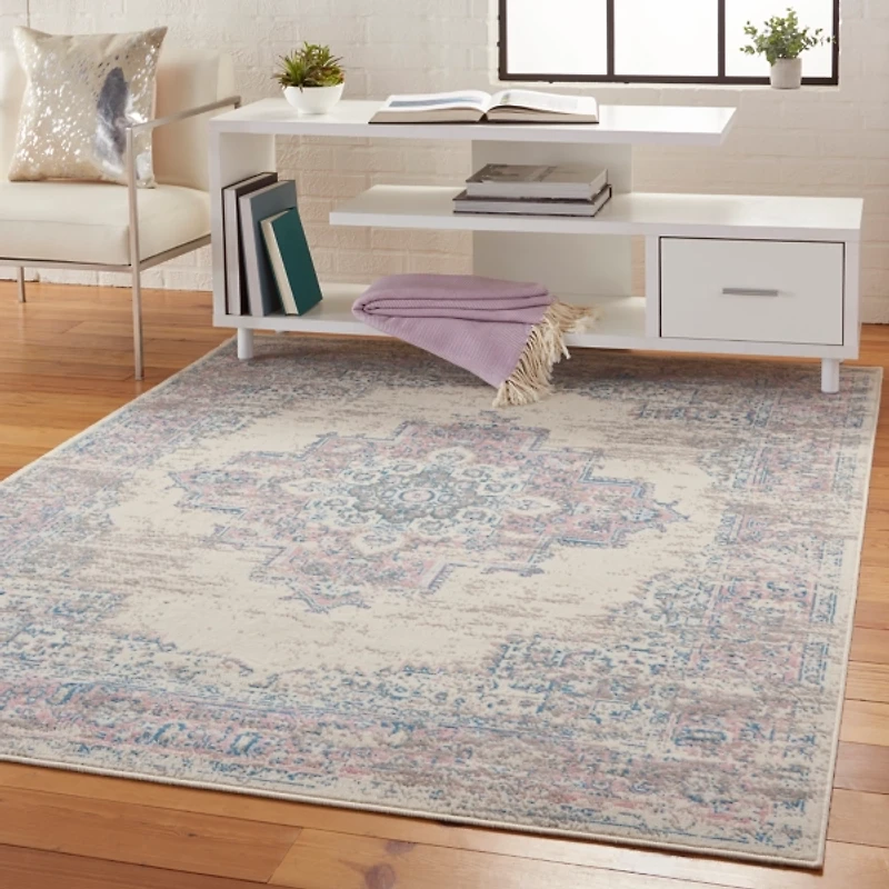 Ivory and Pink Central Medallion Area Rug
