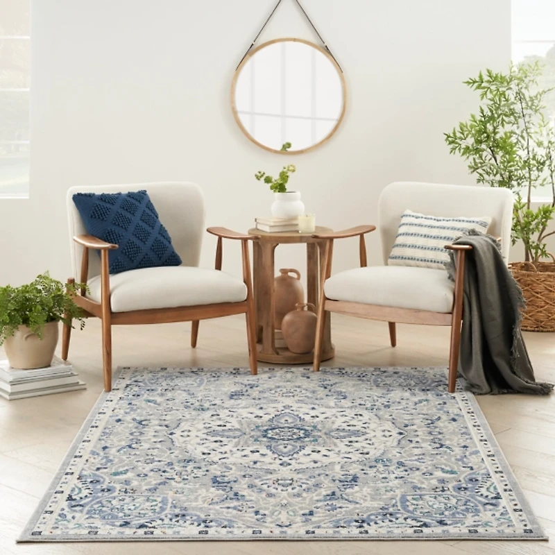 Faded Gray & Blue Floral Medallion Area Rug, 5x7