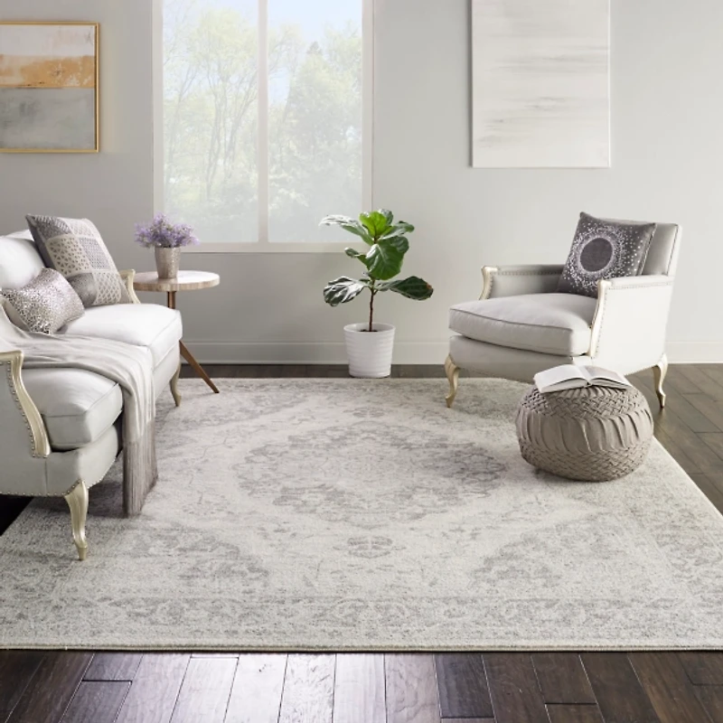 Ivory and Gray Oushak Medallion Area Rug