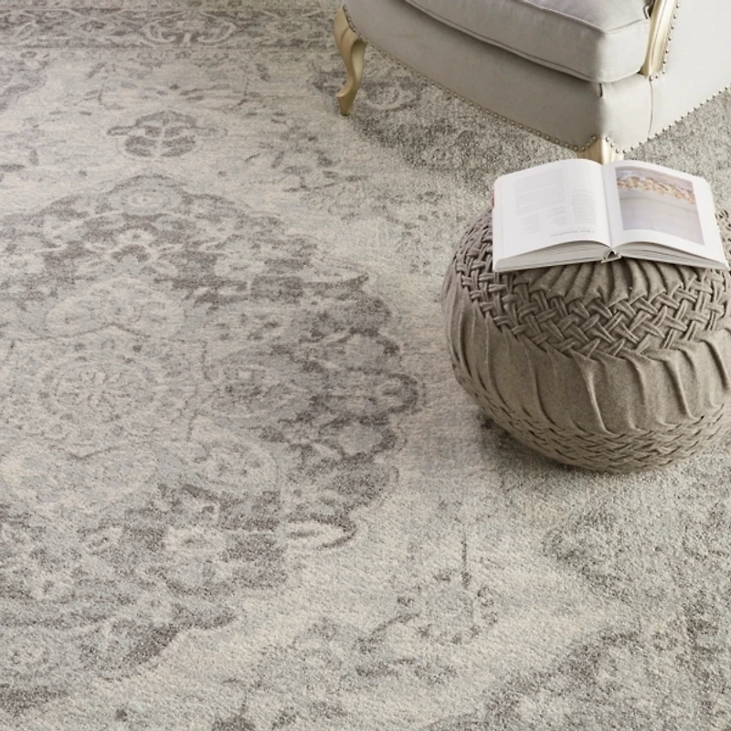 Ivory and Gray Oushak Medallion Area Rug