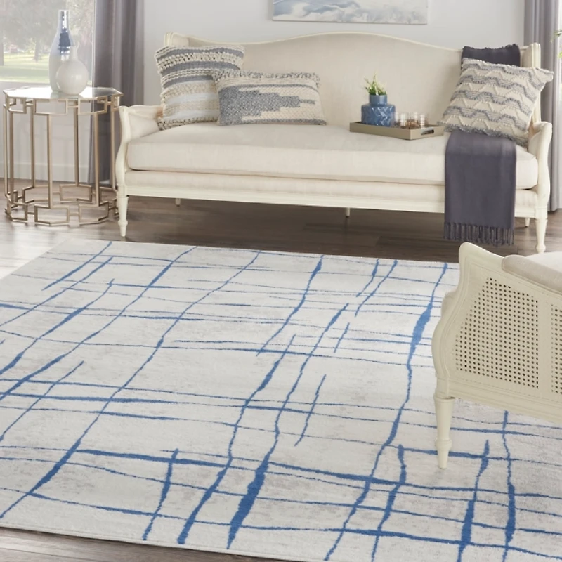 Ivory and Blue Abstract Linear Area Rug, 8x11
