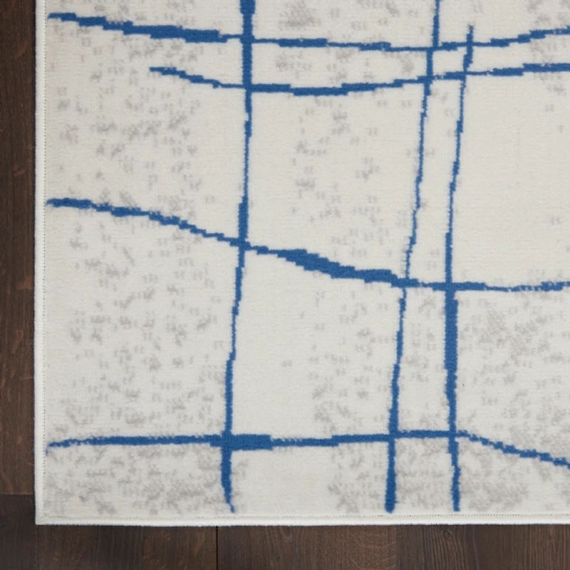 Ivory and Blue Abstract Linear Area Rug, 8x11