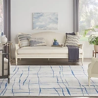Ivory and Blue Abstract Linear Area Rug, 8x11