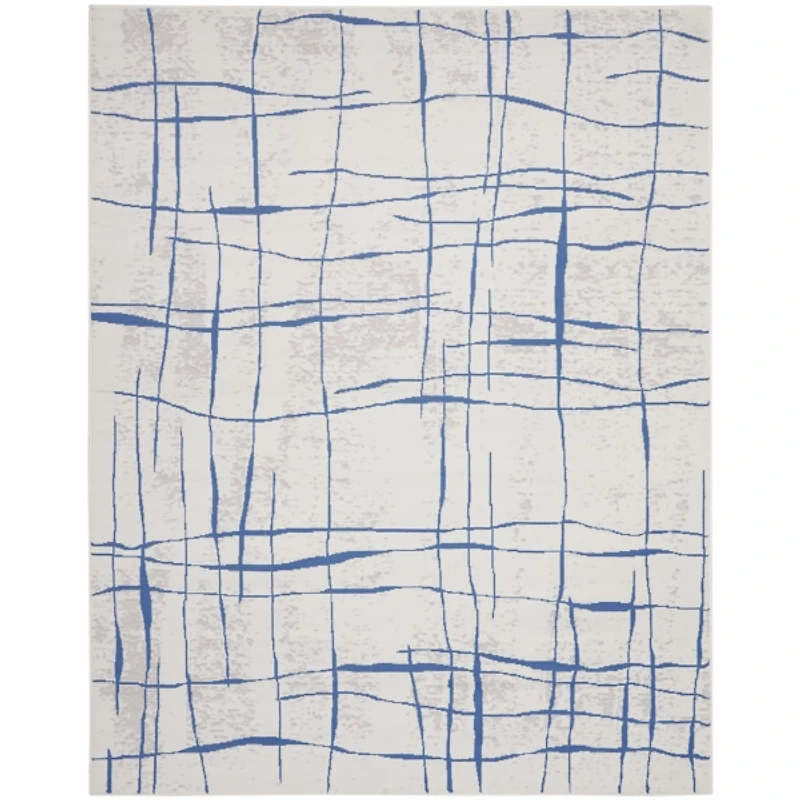 Ivory and Blue Abstract Linear Area Rug, 8x11