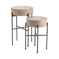 Round Light Wood and Metal Accent Tables, Set of 2